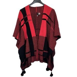 Ming Wang Red Black Poncho Shawl Tassels One Size Buffalo Plaid Wrap Sweater